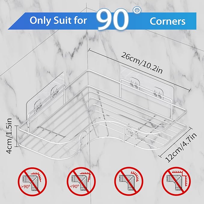 Corner Shower Caddy, 2 Pack Adhesive Shower Corner Organizer Shelves, No Drilling Stainless Steel Shower Storage Rack for Bathroom, Dorm and Kitchen, White