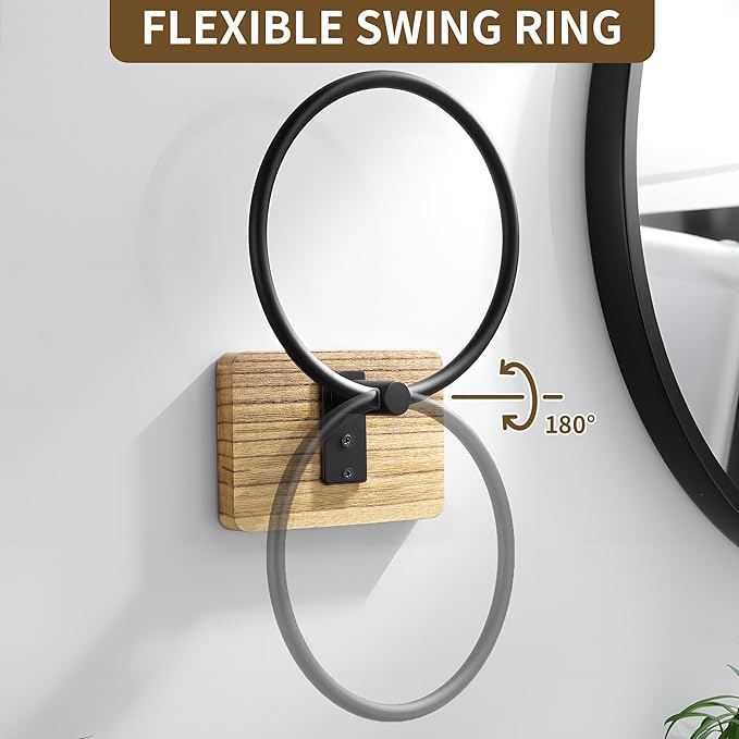 Farmhouse Towel Ring - Rustic Towel Holder Wall Mounted, Country Decor Hand Towel Holder, Bathroom Towel Organizer Waterproof, Wooden Base