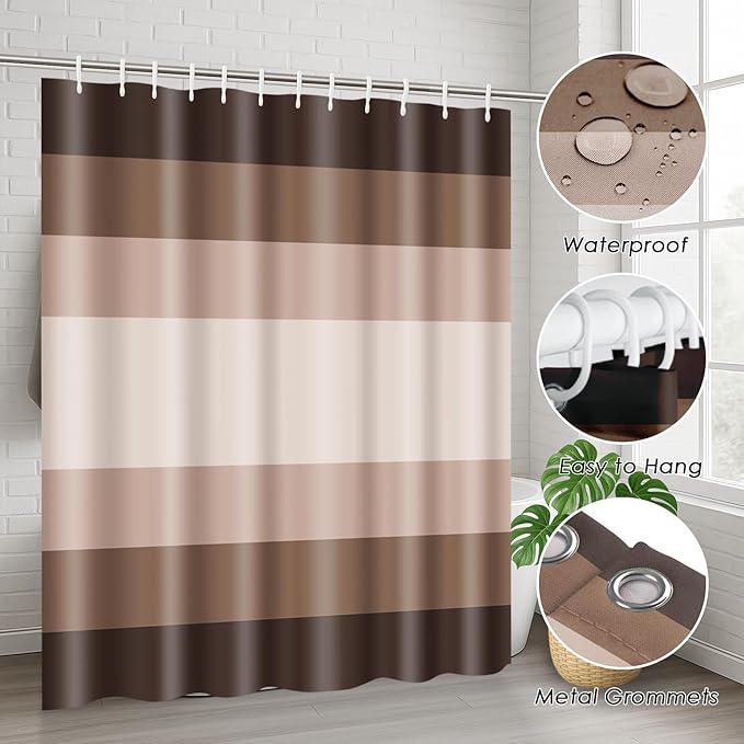 Brown Beige Shower Curtain Set with Toilet Lid Cover and Non-Slip Rugs for Bathroom, Modern Striped Lines Ombre 4 Pcs Shower Curtain, Simple Abstract Bathroom Set with 12 Hooks