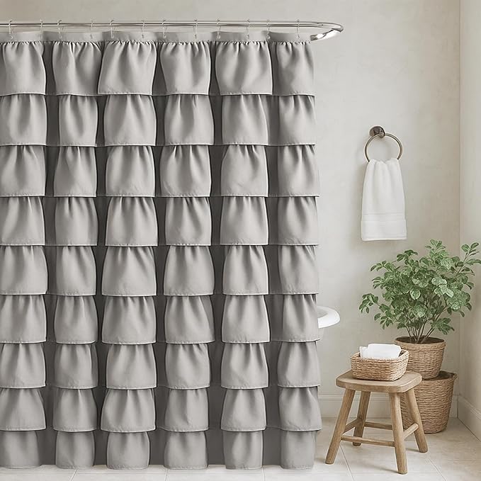 Seasonwood Ruffle Shower Curtain Gray Farmhouse Vintage Handcrafted Rustic Decorative Fabric Shower Curtains for Bathroom, 72" x 72"