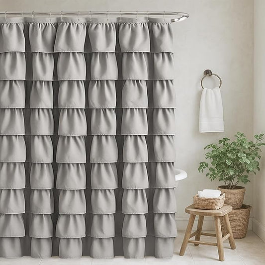 Seasonwood Ruffle Shower Curtain Gray Farmhouse Vintage Handcrafted Rustic Decorative Fabric Shower Curtains for Bathroom, 72" x 72"
