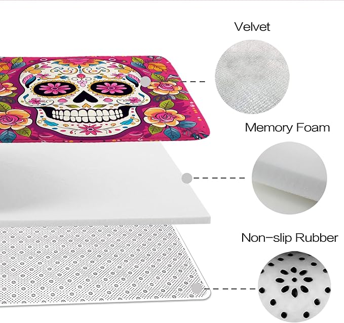 Floral Gothic Halloween Bathroom Sets with Funny Skull Unique Shower Curtain and 20 x 31 Rugs Bathroom Accessories Sets Decor with Bath Rug, Bath Mat, U-Shaped Contour and Hooks 72 x 72 Inch Colorful