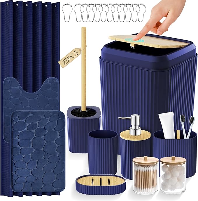 Navy Blue Bathroom Accessories Set, Bathroom Set with Shower Curtain and Rugs, Trash Can, Toilet Brush with Holder, Soap Dispenser, Toothbrush and Toothpaste Holder, Cup, Soap Dish, Qtip Holders