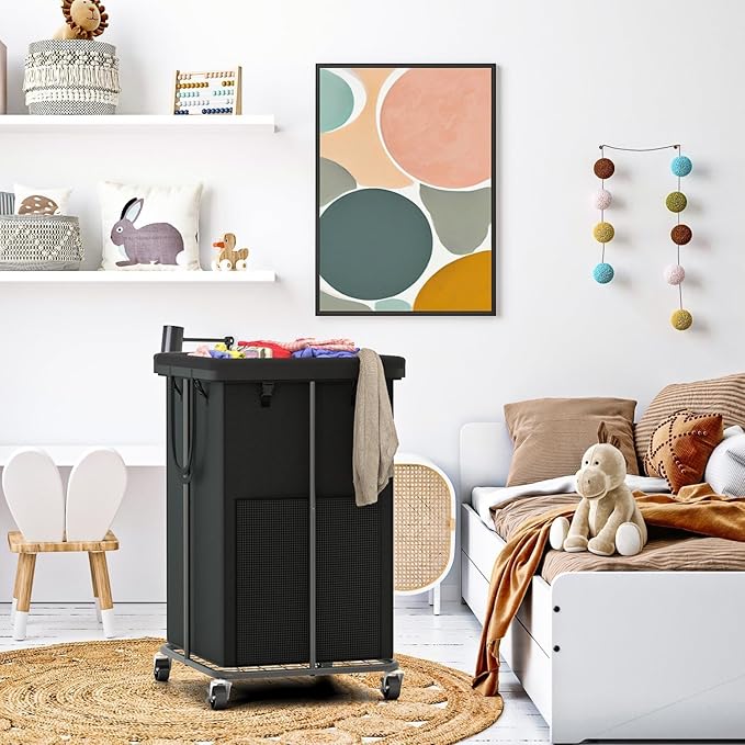 YKDIRECT 150L Large Laundry Hampers Basket with Removable Washing Bag, Oxford Fabric Laundry Hamper Clothes Hampers, Metal Frame Design with Wheels, Suitable for Bedroom, Laundry Room (Black with Bag)