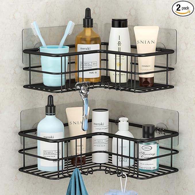 Menbyci Black Shower Caddy Corner Bathroom Shower Shelf, Rust Proof Bathroom Organizer Accessories, Adhesive Shower Basket Storage Rack Shampoo Holder Wall Organization, 2 Pack
