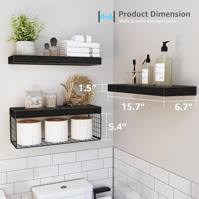 Bathroom Shelves Over Toilet - Heavy Duty Storage Rack, 25+ lbs Weight Capacity, Minimalist Design Wall Mounted Floating Shelves Toilet Paper Storage Farmhouse Decor Shelf 16 inch (Black, General, 3)