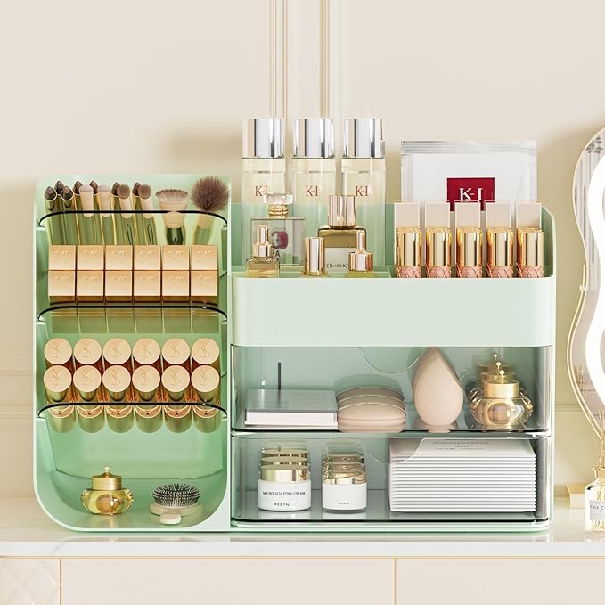 Booklov Makeup Organizer for Vanity, Countertop Cosmetic Display Case with Clear Acrylic Drawers, Bathroom Counter Beauty Caddy, Cute Table Storage Holder for Skincare, Brush Lipsticks, Crystal Green
