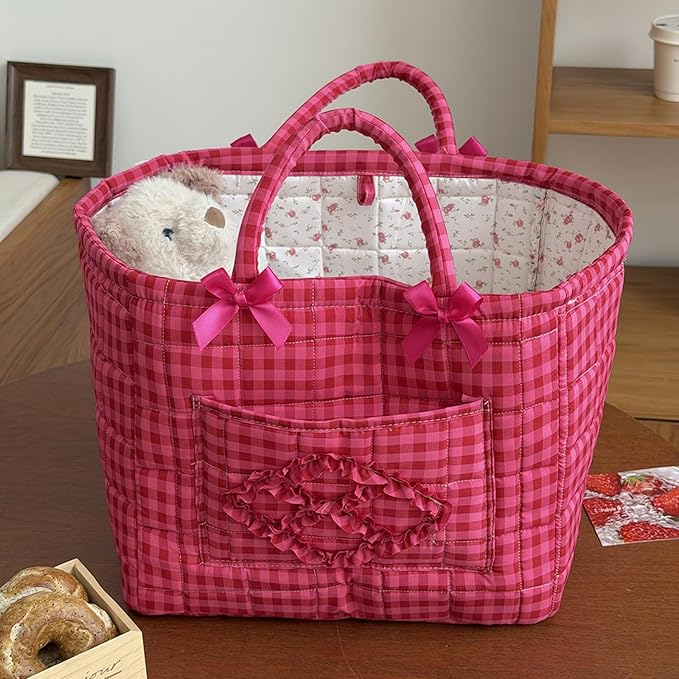 Quilted Fabric Basket Car Storage Basket Boho Floral Laundry Hamper for Nursery Bedroom & Living Room | Organize Clothes Toys (Hot Pink Gingham Check)