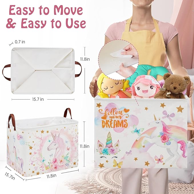 Unicorn Room Decor Kids Basket,Pink Baby Girl Laundry Hamper-Rainbow Toddler Storage Toy Box,Cute Clothes Book Toy Bin for Bedroom Bathroom