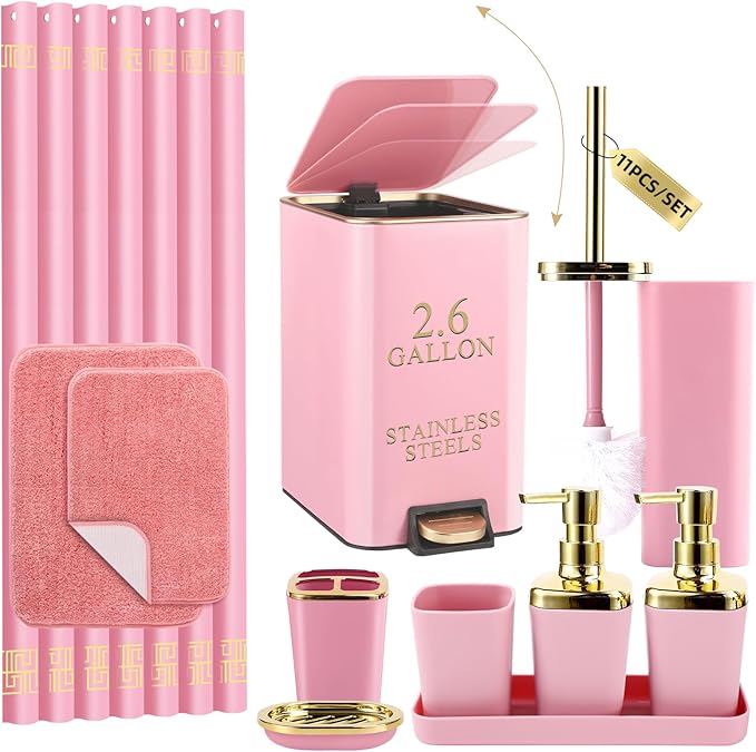 XLHOMO Bathroom Sets with Shower Curtain and Rugs Bathroom Accessories Set Pink Bathroom Set,Shower Curtain Set with Stainless Steel Trash Can