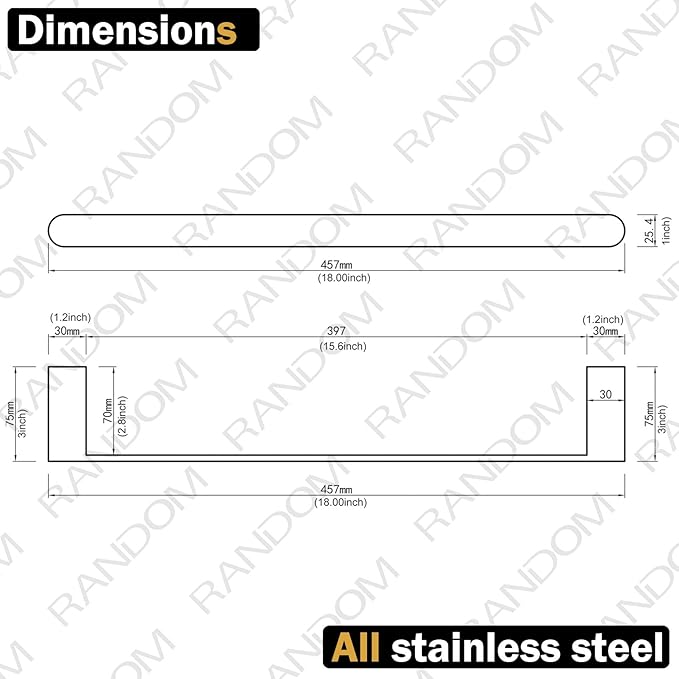 RANDOM Matte Black Towel Bar Rack Holder Rod 18 inch Hand Towel Holder for Bathroom Kitchen Heavy Duty Hardware Accessories Wall Mount Contemporary Hotel Style.96026-2-18MB