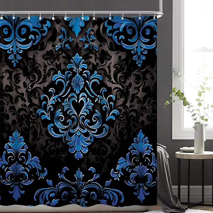 NBVKO 4Pcs Luxury Damascus Blue Flower Pattern Shower Curtain Set with 12 Hooks Non-Slip Rugs,Toilet Lid Cover and Bath Mat,Dark Gold Bathroom Decor for Hotel & Home Bathroom