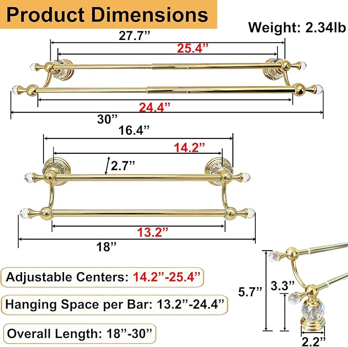Gold Double Towel Bar with Crystal, Adjustable Towel Racks for Bathroom Wall Mounted 18-30 Inches, Stainless Steel Towel Rod Holder for Modern Luxury Bathroom