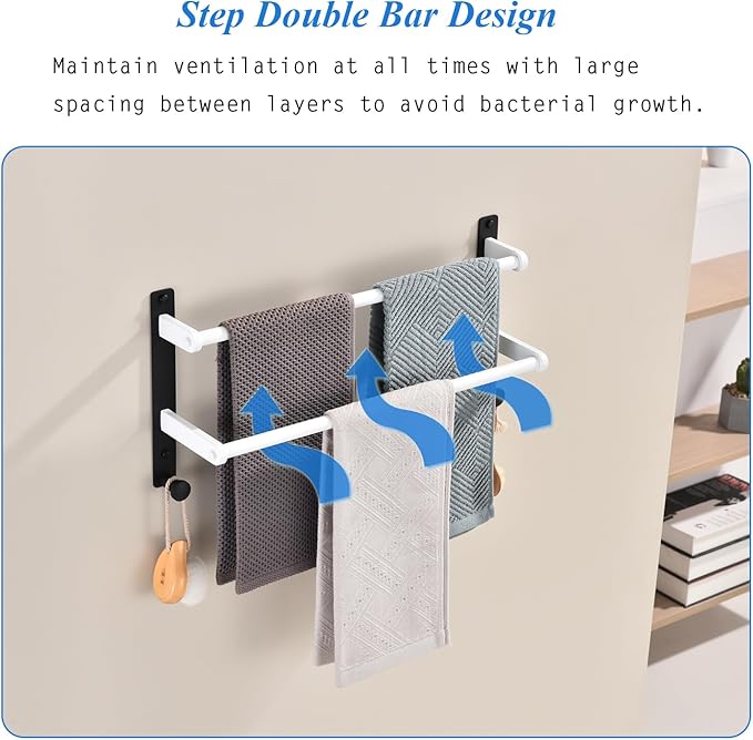 Bathroom Double Towel Rack with Hooks, 18-Inch Towel Bar - Stainless Steel Wall Mounted Towel Holder, White & Black