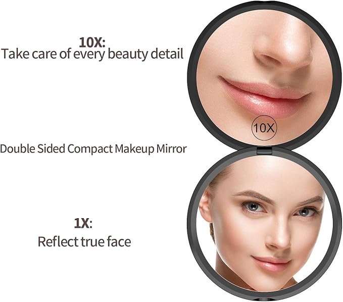 Gospire 4" Ultra-Thin Pocket Makeup Mirror for Travel, 1X/10X Double Sided Magnifying Portable Compact Handbag Handheld Round Foldable Cosmetic Mirror for Women (Black)