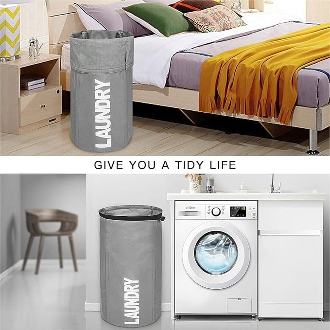 WOWLIVE Extra Large Foldable Laundry Bag Laundry Basket Collapsible Laundry Hamper Backpack Liner Dirty Clothes Hamper Standing Waterproof Hampers for Dorm Room (Gray)