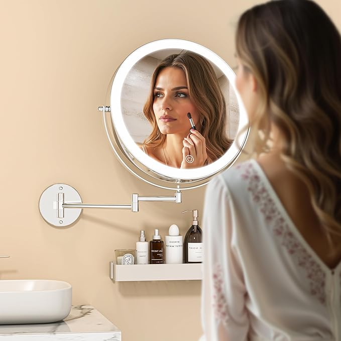 10" Wall Mounted Makeup Mirror with Light, 3000mAh Rechargeable Double Sided 1X / 7X Magnifying Vanity Mirror, 3 Color Lights Touch Dimmable 360° Rotation Bathroom Mirror, Chrome