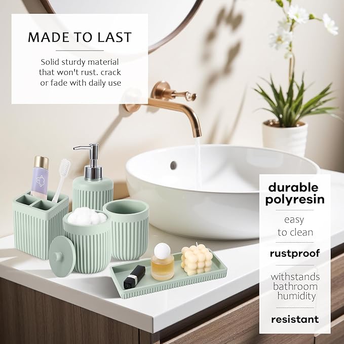XLHOMO Light Green Bathroom Sets with Shower Curtain and Rugs, 8-Piece Resin Bathroom Accessories Sets Complete, Soap Dispenser, Toothbrush Holder, Tumbler, Tray & Apothecary Jars Bathroom Essentials