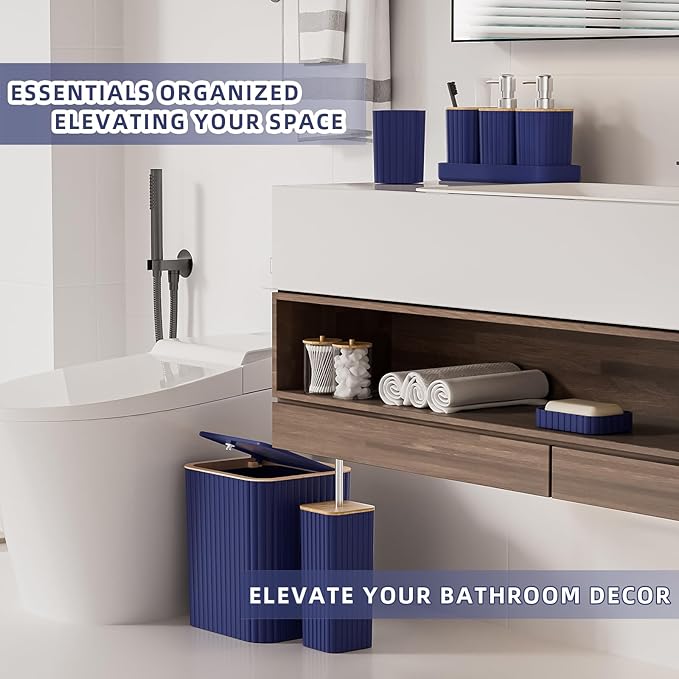 XLHOMO Bathroom Accessories Set - Elegant Blue Bathroom Set, 10PC Bathroom Accessory Set, Toilet Brush, Trash Can, Qtip Holder Dispenser & Soap Dispenser