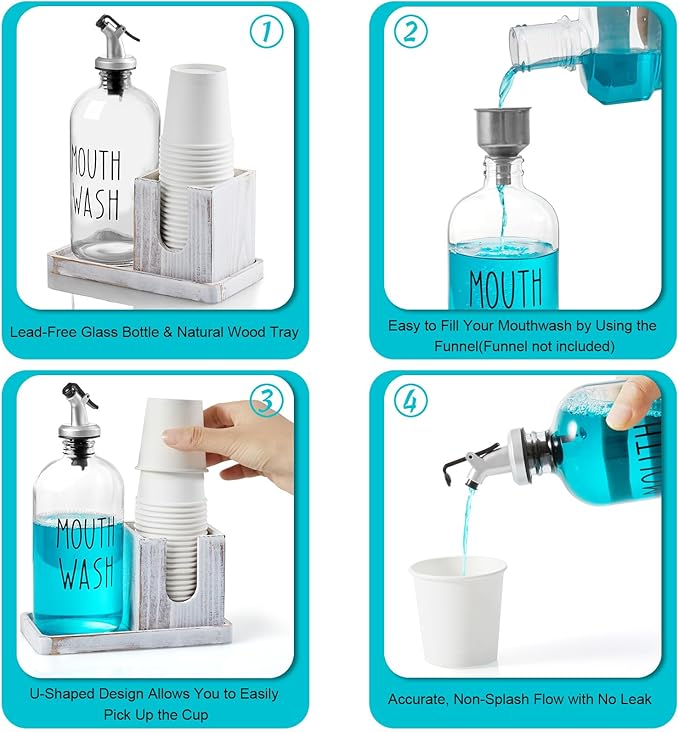 Glass Mouthwash Dispenser for Bathroom, 16 OZ Mouthwash Dispenser with Pour Spout and White Washed Wood Cup Holder and Tray, Mouth Wash Bottle Container, Rustic Kitchen Bathroom Decor and Accessories