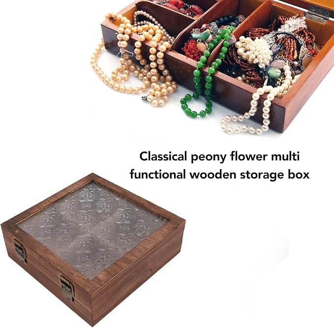 TOPINCN Floral Wooden Jewelry Box, Vintage Makeup Organizer, Trinket Holder Container, Quadrate Small Storage Case with Glass Lid for Cosmetics, Vanity Table, Desk Decorative