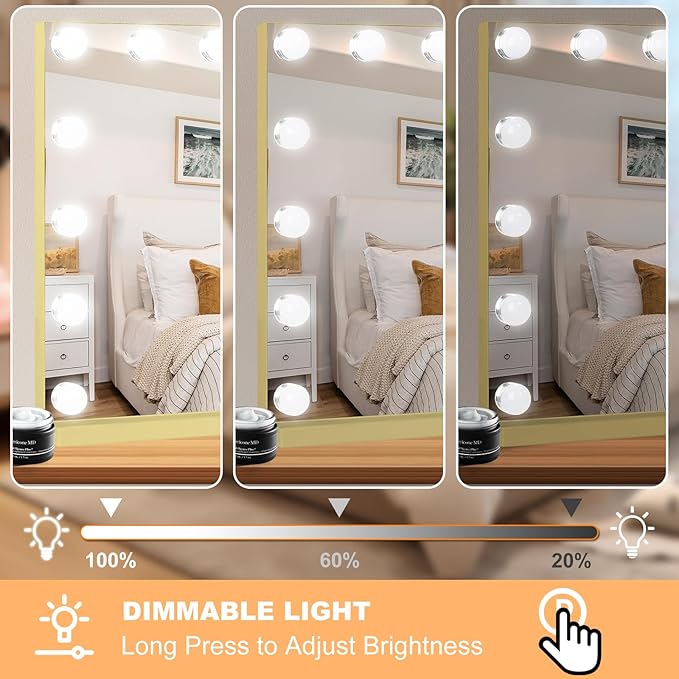 Moonee Gold Vanity Mirror with Lights, Hollywood Lighted Makeup Mirror with 15 Dimmable Bulbs and 10X Magnification, 3 Colors Modes, Aluminum Metal Frame, Light Up Mirror for Tabletop/Wall（23" x 18"）