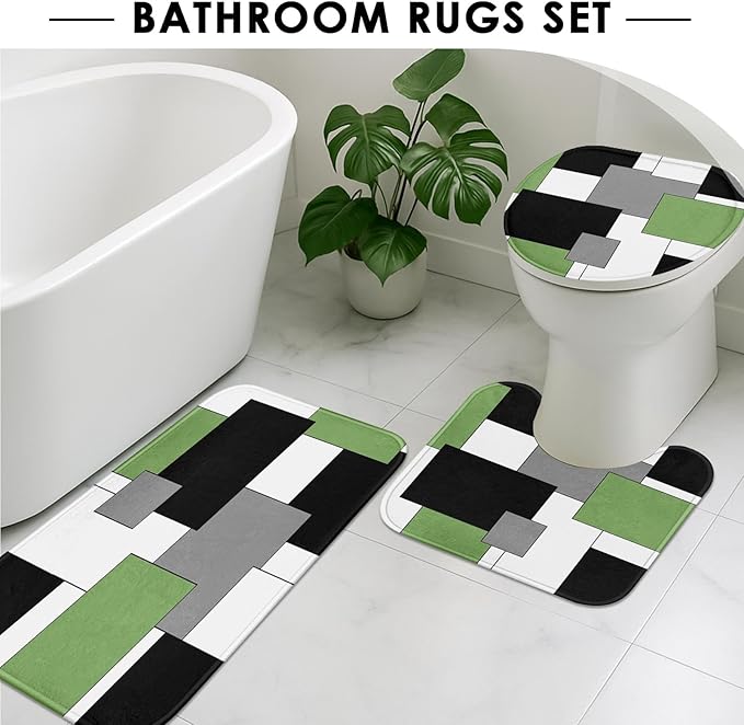 Sage Green Geometric Shower Curtain Set with Toilet Lid Cover and Non-Slip Rugs for Bathroom, Black Grey White Checkered 4 Pcs Shower Curtain, Modern Abstract Bathroom Set with 12 Hooks