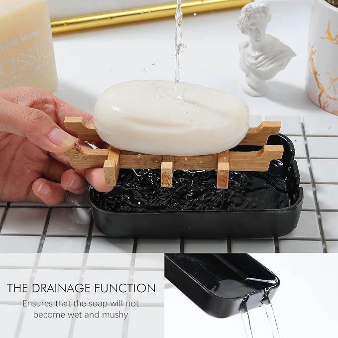 Soap Dishes for Bar Soap, Black Bathroom Soap Holder, Bamboo Soap Dishes Holder for Bathroom Shower, Bathroom Sink Soap Dish