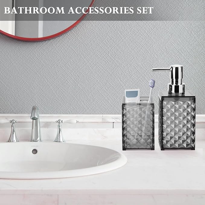 Bathroom Accessories Set 2 PCS, Grey Bathroom Accessories Include Soap Dispenser and Toothbrush Holder, Diamond Pattern Bathroom Set for Boho Bathroom Decor