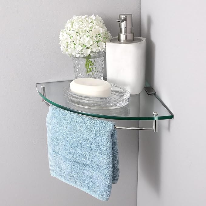 Glass Corner Shelf Bathroom Shelf Tempered Glass with Rail SUS 304 Stainless Steel Floating Wall Mount Bracket Polished Chrome Finish