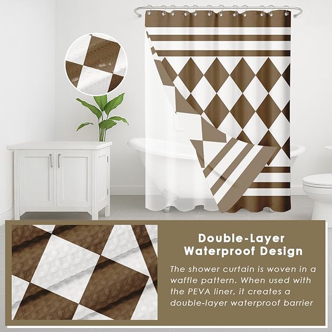 Britimes Brown Geometric Bathroom Sets with Shower Curtain and Rugs, Ombre Modern Minimalist Striped Waterproof Shower Curtain Liner and Soft Non Slip Bath Mat for Bathroom Decor and Accessories Hooks