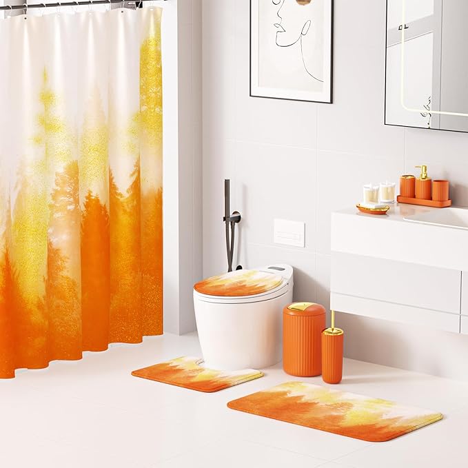 Orange and Gold Bathroom Accessories, Bathroom Sets with Shower Curtain and Rugs, Bath Rugs Accessory Set with Bathroom Trash Can, Soap Dispenser, Soap Dish for Home Decor