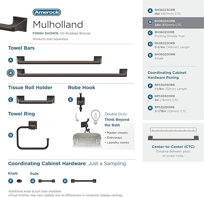 Amerock BH36024ORB | Oil Rubbed Bronze Towel Bar | 24 in (610 mm) Towel Rack | Mulholland | Bathroom Towel Holder | Bathroom Hardware | Bath Accessories