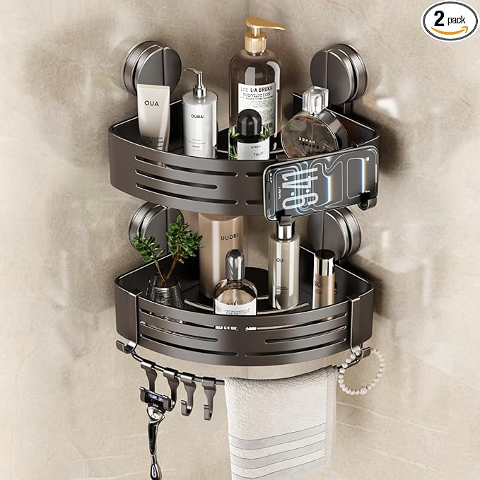 VOLPONE Corner Shower Caddy Suction Cup Shower Shelf Corner No Drilling Bathroom Shower Organizer Storage Rack Adhesive with Towel Bar Hooks(2-Pack, Gray)