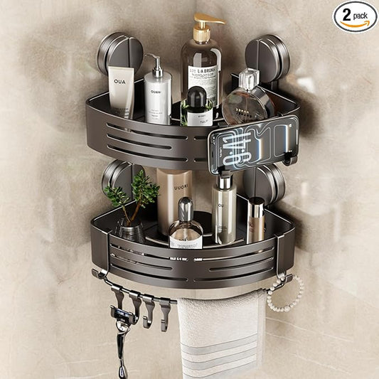 VOLPONE Corner Shower Caddy Suction Cup Shower Shelf Corner No Drilling Bathroom Shower Organizer Storage Rack Adhesive with Towel Bar Hooks(2-Pack, Gray)