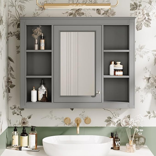 Merax 35''L Bathroom Medicine Storage Cabinet with Mirror Doors, Modern Wall Mount Toilet Organizers with 6 Open Shelves, Grey