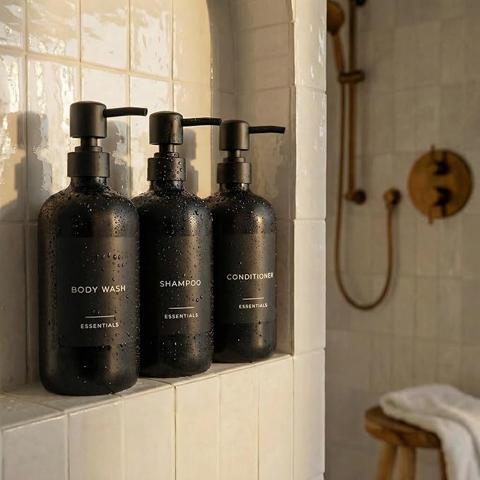 Stylish Shampoo and Conditioner Dispenser Set of 3 - Modern 21oz Shower Soap Bottles with Pump and Labels - Easy to Refill Body Wash Dispensers for an Instant Bathroom Decor Upgrade - Black