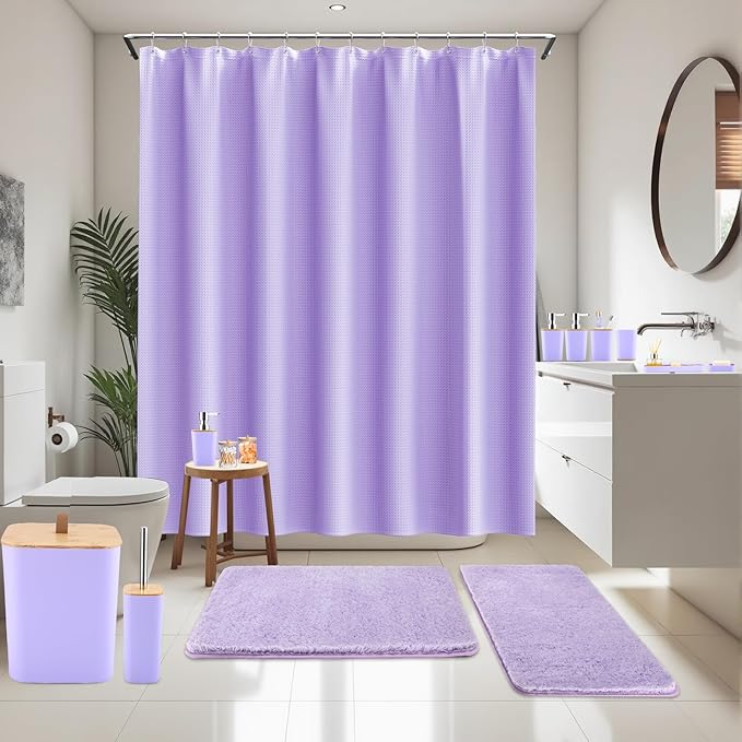 XLHOMO Bathroom Sets with Shower Curtain and Rugs, 27PCS Purple Bathroom Accessories Set with Trash Can, Purple Shower Curtain Set, No Slip Super Absorbent Bathroom Rugs
