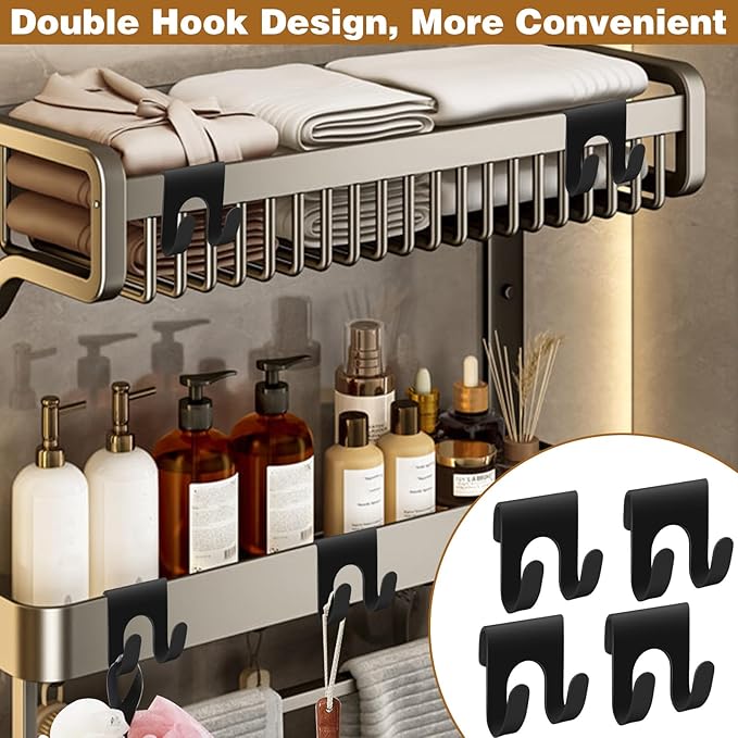 4Pcs Black Shower Caddy, Metal Shelf Basket Rack with Double Hooks for Loofah Sponge