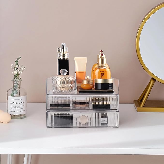3 Tier Clear Makeup Organizer Countertop with Drawers, Stackable Cosmetics Organizer and Storage for Bathroom Vanity (Stripe Small)