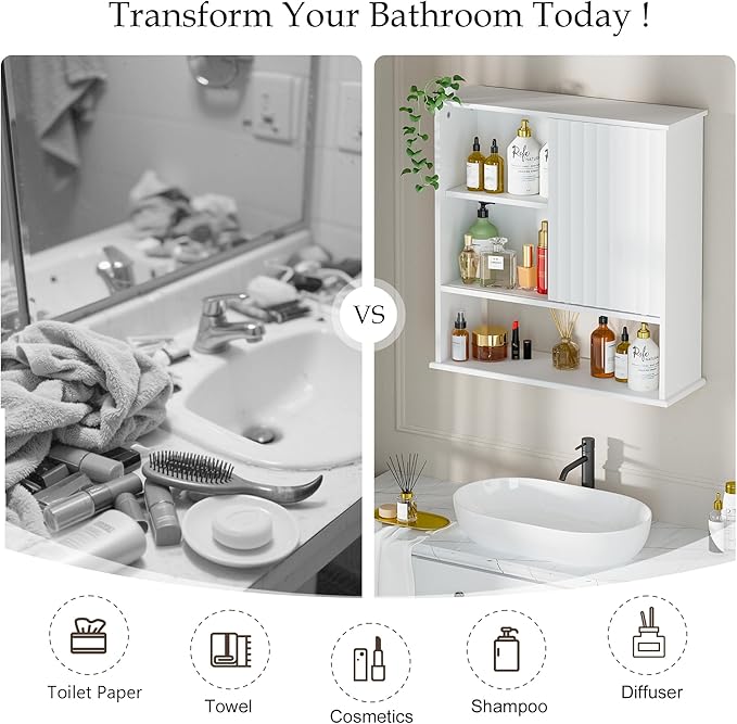 Fluted Bathroom Wall Cabinet with Sliding Door, 24" x 22" Upgraded All Painted Wood Medicine Cabinet with 3-Point Adjustable Shelf, Over Toilet Wall Mounted Cabinet Organizer for Bathroom