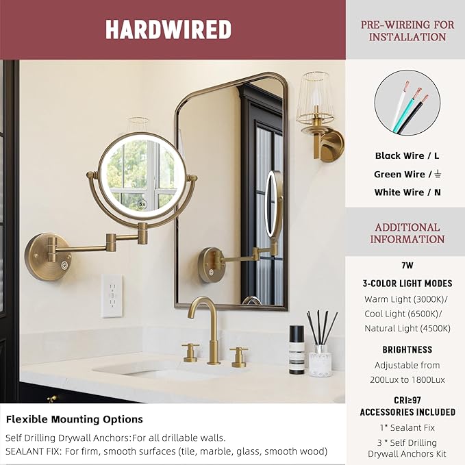 8" Hardwired Lighted Makeup Mirror Wall Mounted, 1X/5X Double Sided 3-Colors LED Lighting Touch Dimming Extended Arm 360 Rotation no Bending Magnifying Mirror for Bathroom, Antique Brass