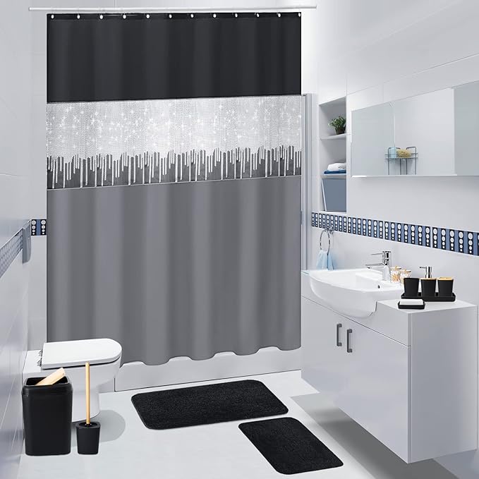 XLHOMO Bathroom Sets with Shower Curtain and Rugs,24PCS Black Bathroom Set Shower Curtain Set with Bathroom Trash Can Bathroom Accessories