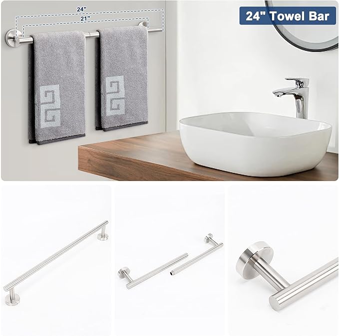 NearMoon 5 Pieces Bathroom Hardware Set SUS304 Thicken Stainless Steel-Towel Rack Kit Include 24" Towel Rod +Bath Towel Ring +Toilet Paper Holder +2 Robe Towel Hooks Bath Accessories (Nickel)