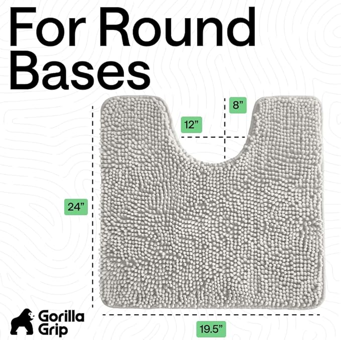 GORILLA GRIP Plush Absorbent Shaggy Chenille Bath Rug Mat for Oval Toilet Base with Rubber Backing, Machine Washable Rugs, Soft Microfiber Contour Mats for Toilets, Bathroom Decor, Lt Gray