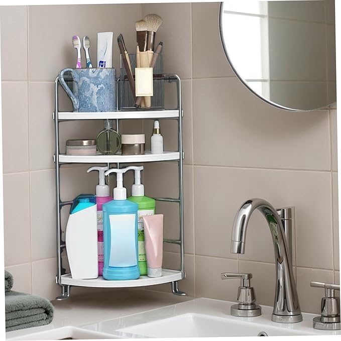 Corner Bathroom Counter Organizer, 3-Tier Fan-Shaped Corner Counter Shelf, Cosmetic & Makeup Storage White Bathroom Shelf for Kitchen Supplies
