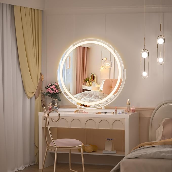 Hasipu Vanity Mirror with Lights, 23.6" LED Large Makeup Mirror, Lighted Makeup Mirror with Lights, Smart Touch Control 3 Colors Dimmable Round Mirror 360°Rotation White