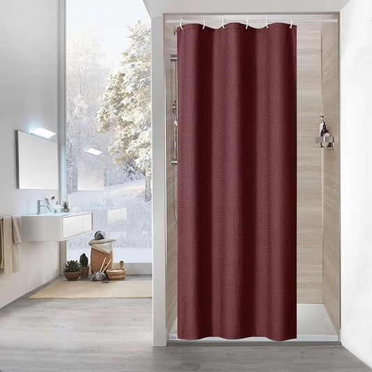MitoVilla Burgundy Waffle Small Stall Shower Curtain 36 x 72, Half Size Fabric Narrow Shower Curtains for Bathroom Decor, Wine Red 36 inch Weighted Shower Curtain Set with Plastic Hooks