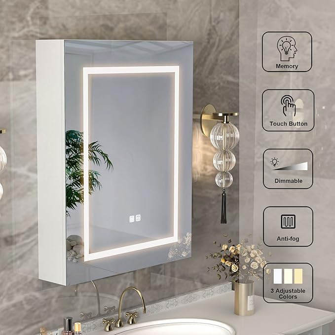 LED Medicine Cabinet with Lights,Lighted Medicine Cabinet with Mirror,Bathroom Mirror Cabinet Wall Mounted,Defogger,Memory 3-Color Mode, Dimmer, 24x30 Inch
