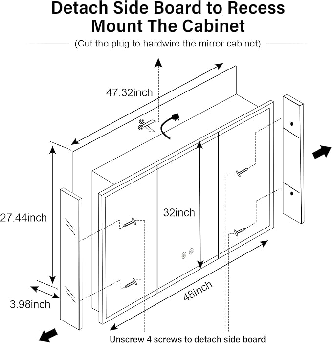 48×32inch Medicine Cabinet with Light,Recess Medicine Cabinet for Bathroom,3 Color,Dimmable,Demister,Detachable Side Plate for Recess Mount or Surface Mount